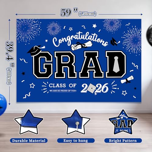 Image of Party Spot!2026 Graduation Party Decorations-Class of 2026 Backdrop,Blue and Black Graduation Party Decoration Set,Congrats Grad Banner,Hanging Swirl & Honeycomb Party Decor for Graduation