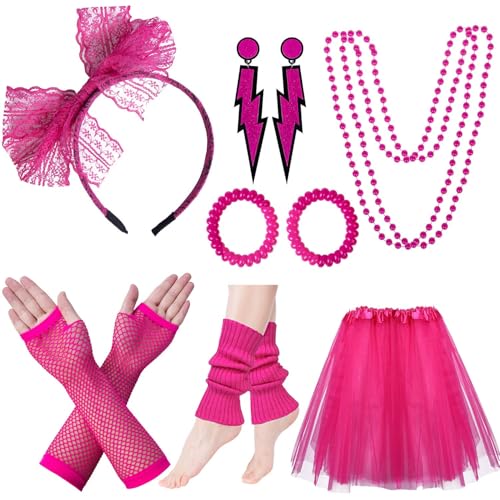 Chalier 80s Costumes for Women 80s Accessories Set Fishnet Gloves Leg Warmers Tutu Skirts 1980s Party Outfits, Pink