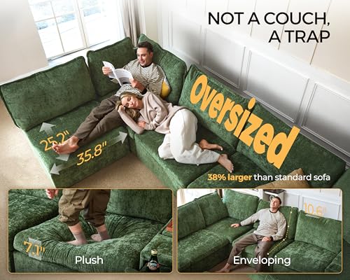 Image of 124.8'' Oversized Modular Sofa Comfy Cloud Couch with Storage Wide L-Shaped Sectional Sofa Set with Chaise for Living Room, Covers Washable, 4-Seater with Ottoman, Chenille, Green