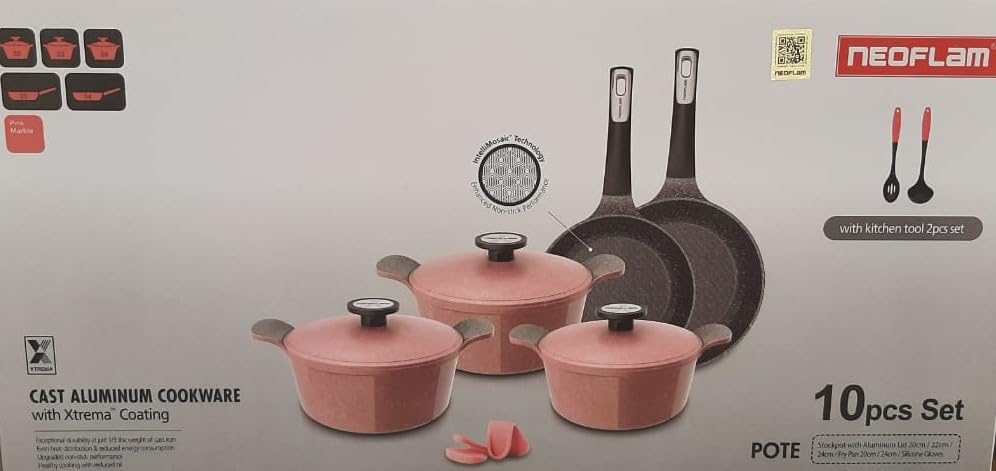 POTE Cast Aluminum with Ecolon Coating Cooking Set, 10 Pieces Set, Pink Marble