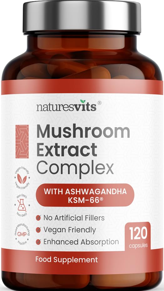 4000mg 6 Mushroom Complex with Ashwaghandha KSM-66 Lions Mane Cordyceps Shiitake Reishi Chaga and Maitake 120 Capsules 2/Day Focus and Brain Support Herbal Nootropic - 40% Polysaccharides