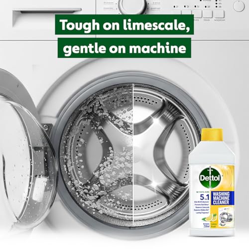 Image of Dettol 5 in 1 Washing Machine Cleaner & Descaling Liquid for top load and front load| Lemon 250ml | Removes Limescale, Dirt and Bad odour | Kills 99.9%* Bacteria | Pack of 4