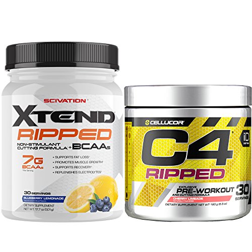 Cellucor C4 Ripped Pre Workout Powder + Fat Burner, Cherry Limeade, 30 Servings + Scivation Xtend Ripped BCAA Powder, Blueberry Lemonade, 30 Servings