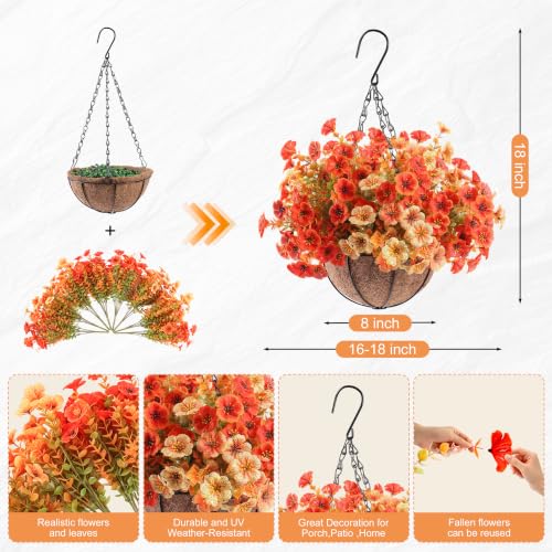 Image of Artificial Fall Flowers Hanging Basket, Fake Mums Planters Outdoor | 4 Set Hanging Flower Basket, Faux Silk Mums, UV Resistant Mums Basket, Look Real, Front Porch Garden Patio Autumn Decor