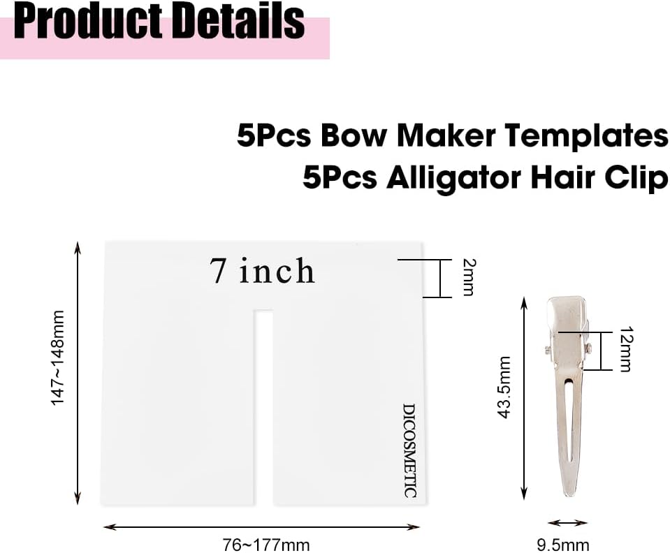 DICOSMETIC 5 Sizes Bow Templates for Bow Making Acrylic Ribbon Bows Maker Boards with 5Pcs Alligator Hair Clip DIY Bowknot Making Tool for Ribbon Wreaths Hair Decor