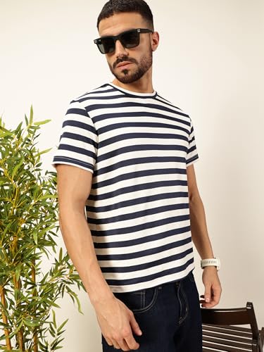 Image of Thomas Scott Men's | Striped | Half Sleeve | Regular Fit | Poly Elastane | Round Neck | Casual Tshirt