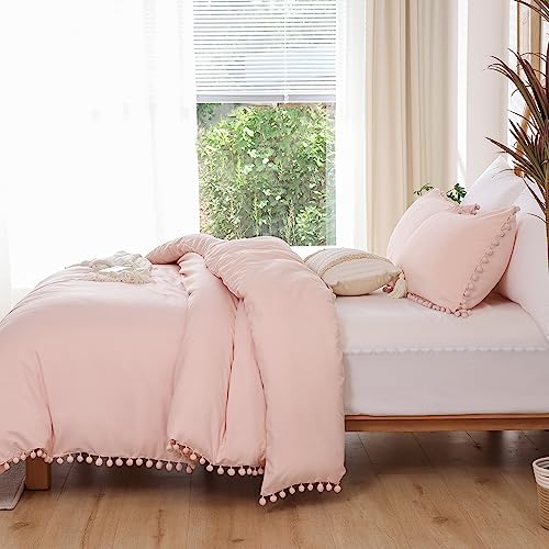 YIRDDEO Queen Comforter Set - Comforter Queen Size Sets with Ball Pom Fringe, Soft Bedding Set for All Seasons - 3 Pieces, 1 Comforter (90"x90") & 2 Pillow Shams (20"x26"), Blush