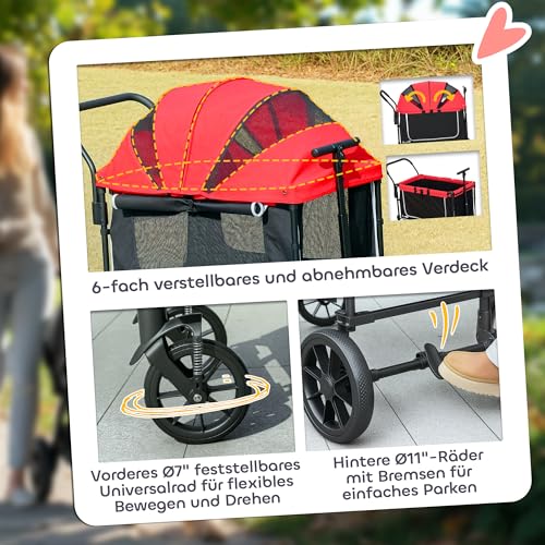 PawHut 2 in 1 Hundewagen Hundebuggy klappbar für Hunde & Katzen bis 30 kg Bollerwagen mit Kissen Netzfenstern 2 Türen Aufbewahrungstasche Katzenwagen Buggy Rot