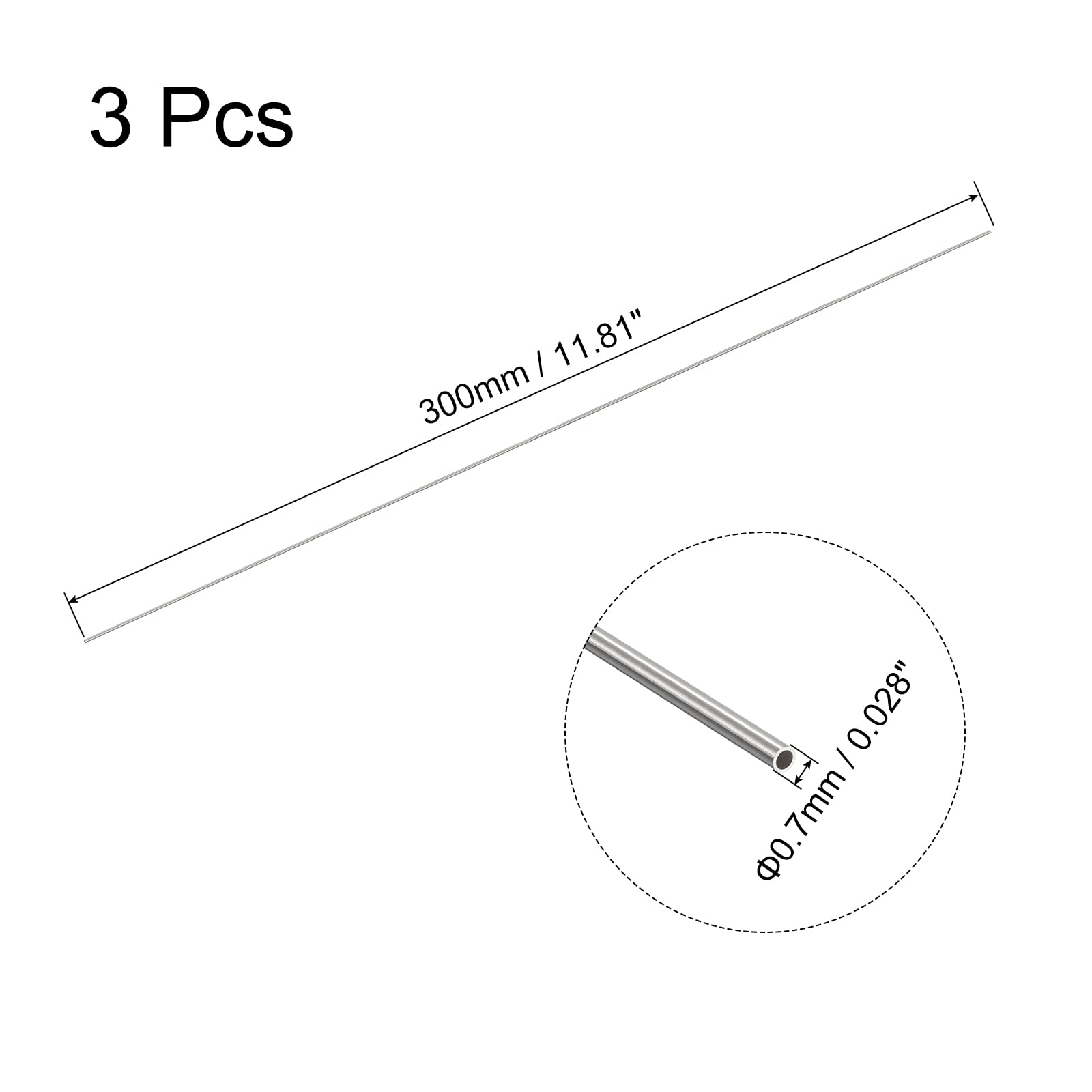 QUARKZMAN 304 Acciaio Inossidabile Tubo Rotondo, Tubo Capillare 0.7mm x 0.1mm x 300mm, 3 Pezzi