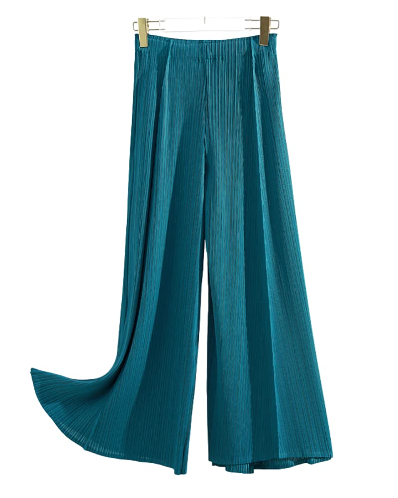 yoeasy Women Textured Pleated Wide Leg Palazzo Pants Summer High Elastic Waist Loose Casual Long Trousers