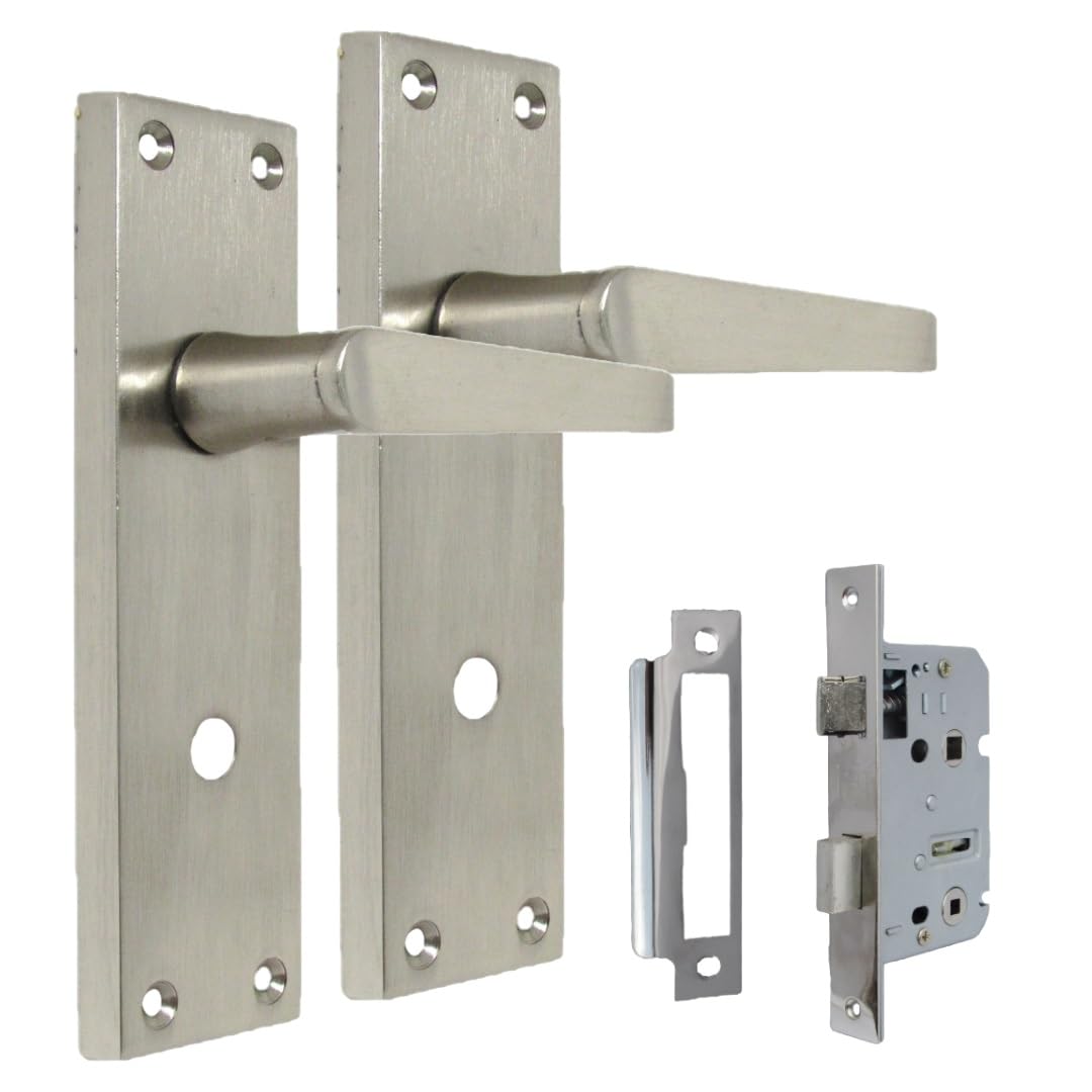 Epsom Door Handle Victorian Straightlock Handles Satin Nickel Door Handles Back Plate 150 x 42mm Door Handles Multipack Door Handles Set 2 (Pair of Bathroom Handles + Bathroom SASH Lock)