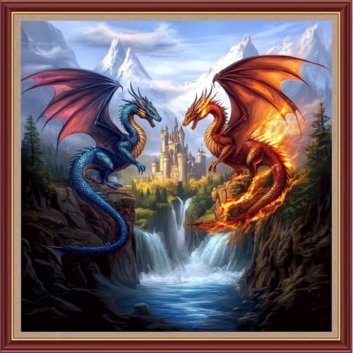 Image of Dooxvey Cross Stitch Kits for Adults Beginners,Full Range of Cross-Stitch Stamped Kits Needlepoint Kits for Beginners Embroidery Kits 11CT Cross Stitch Patterns-Fire and Water Dragon Castle 18x18 inch