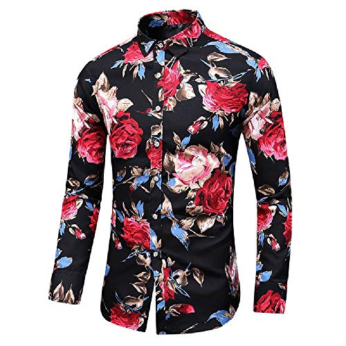 NOBRAND Camisa de manga larga para hombre con estampado de primavera y otoño Flor roja con fondo negro. 4XL