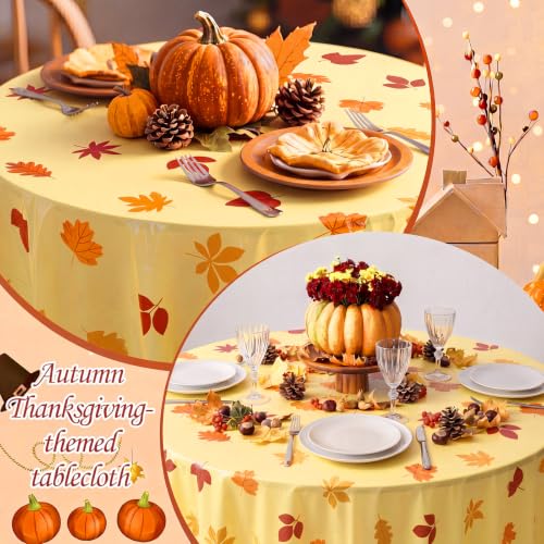 Image of LemonRoad 3 Pcs Fall Plastic Round Tablecloth for Thanksgiving | 84 Inch, Turkey Maple Leaves, Thanksgiving Disposable Table Cover, Autumn Circular Table Cloth, for Fall Harvest Party Decor