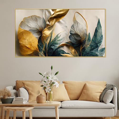 DEKORSTATION Canvas Floral Painting for Bedroom Living Room Wall Decoration Abstract Elegant Golden Flower Floating Frame Wall Paintings for Home and Office DΓ©cor Size : 24x48 Inches