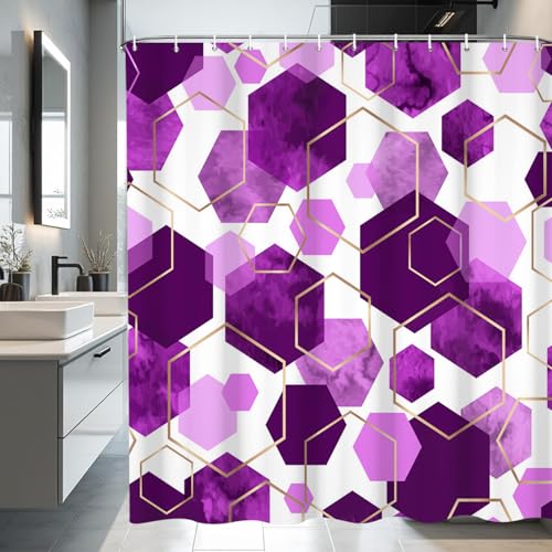 deFouliao Purple Shower Curtain Modern Abstract Geometric Grid Bathroom Curtain Sets for Bathtub Home Art Decor, Waterproof Fabric Washable with Hooks, 72x84 Inch