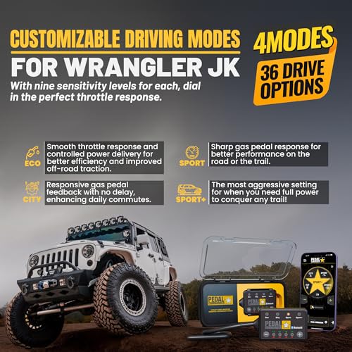 Image of PEDAL COMMANDER for Jeep Wrangler JK 2007-2018 Throttle Response Controller - Anti-Theft, 4 Modes 36 Settings, Wireless Control, Plug-and-Play - Trail & Rock Crawling Performance Upgrade (Pack of 3)