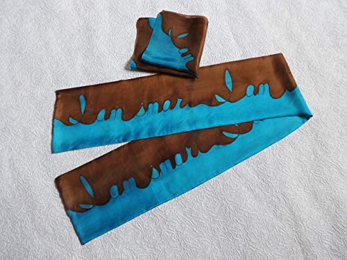 Mens Silk Ascot Neck Scarf and Pocket Square Set Handmade Hand Painted Cravat