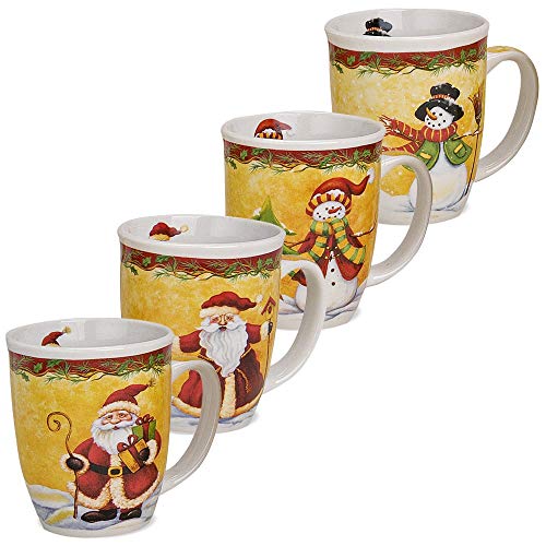 Juego de 4 tazas gigantes de Navidad en amarillo y rojo – Clásicas tazas de café de cerámica como tazas de Navidad en 400 ml – Grandes tazas de café para Navidad aptas para lavavajillas y microondas