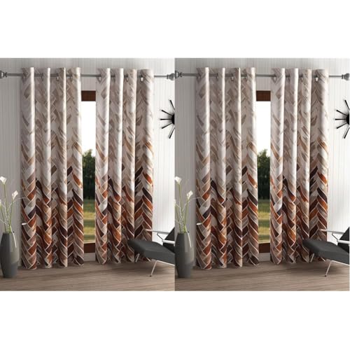 Image of Home Sizzler 2 Pieces Geometrical Panel Eyelet Polyester Window Opaque Curtains - 5 Feet, Brown, Eyelet (Pack of 2)