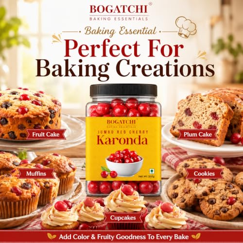 Image of BOGATCHI Jumbo Red Cherry Karonda for Cake Decoration, Ice Creams, Shakes & Desserts | Big Juicy Cherry Toppings for Baking, Garnishing & Sweets | Delicious, Tasty & Ready to Use | 200g
