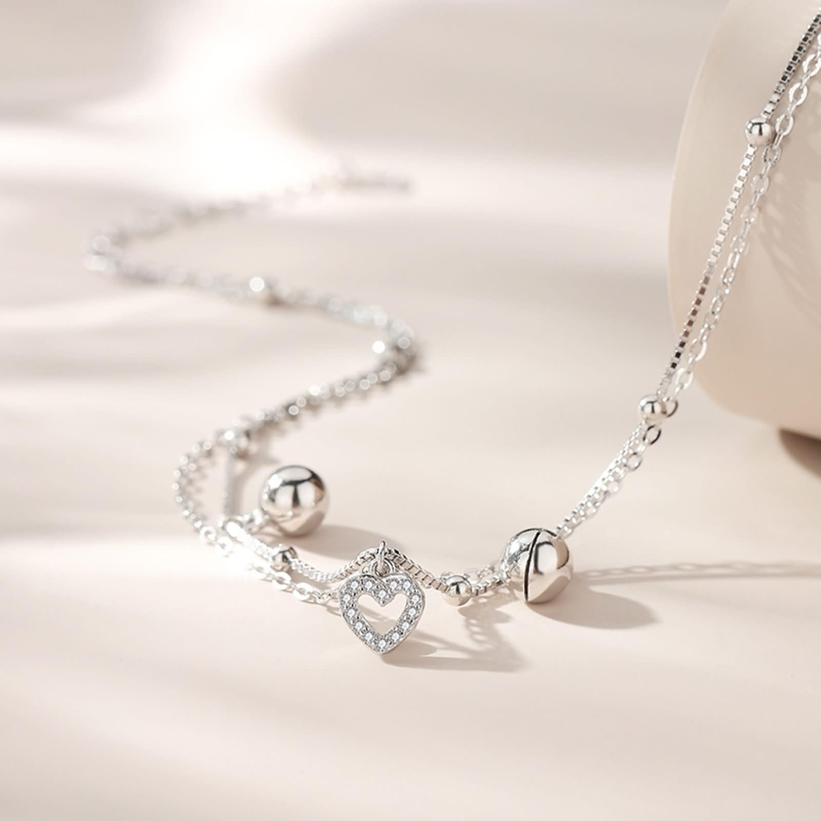 Damen Fußkettchen Weißgold 375/585/750, Fußkette Verstellbar 20+5 cm, Fußschmuck Hochzeit Doppelkette mit Herz und Perlen