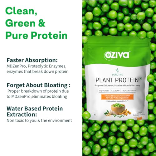 Image of OZiva Bioactive Plant Protein (Strawberry), 1kg | 25g Protein,5.5 BCAA| Pea Isolate| Plant based Protein Powder for Women & Men | Essential Amino Acids| Vegan Protein supplement, Clean, Sugar free