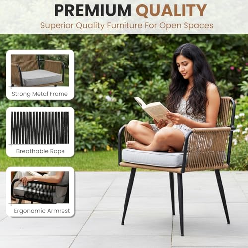 Image of DEVOKO Outdoor Rope Patio 3 Piece Chair Table Bistro Set with All Weather Cushioned Furniture for Garden, Pool, Lawn, Deck, Porch (Beige & Grey)