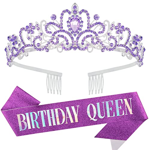 Coronas de cumpleaños para mujer, tiara de cristal Didder y banda de cumpleaños, tiaras y corona para mujeres y niñas, corona elegante de princesa, juego de 2 piezas, cristal