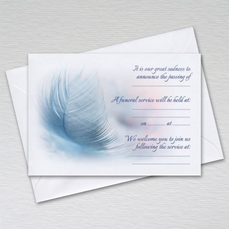 Webspectations Pack of 20 Funeral Invitations Announcement Cards with Envelopes - A6 Non-folded Feather Design, grey