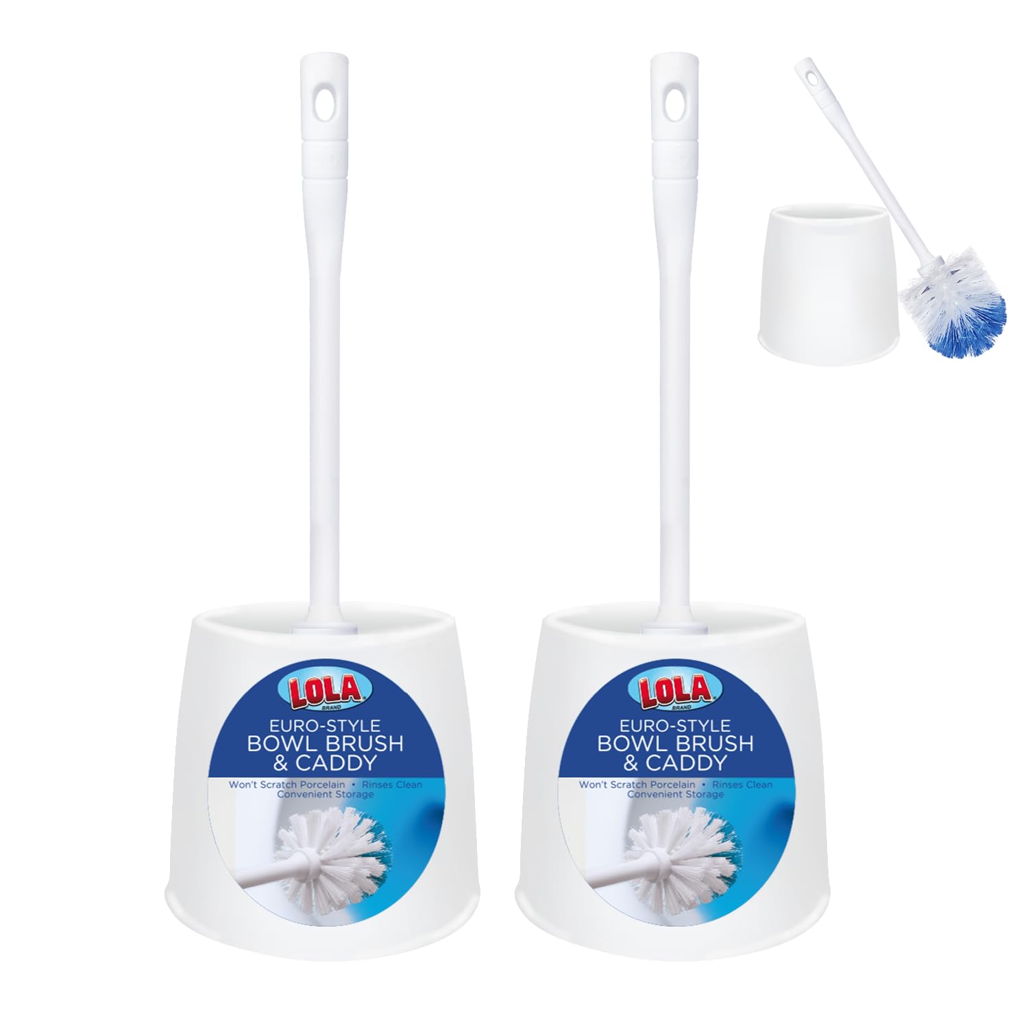 Toilet Brush and Holder Set, by Lola Products, Classic Version, Durable Bristles for Deep Cleaning, w/Compact Space Saving Storage Holder, 2 Pack