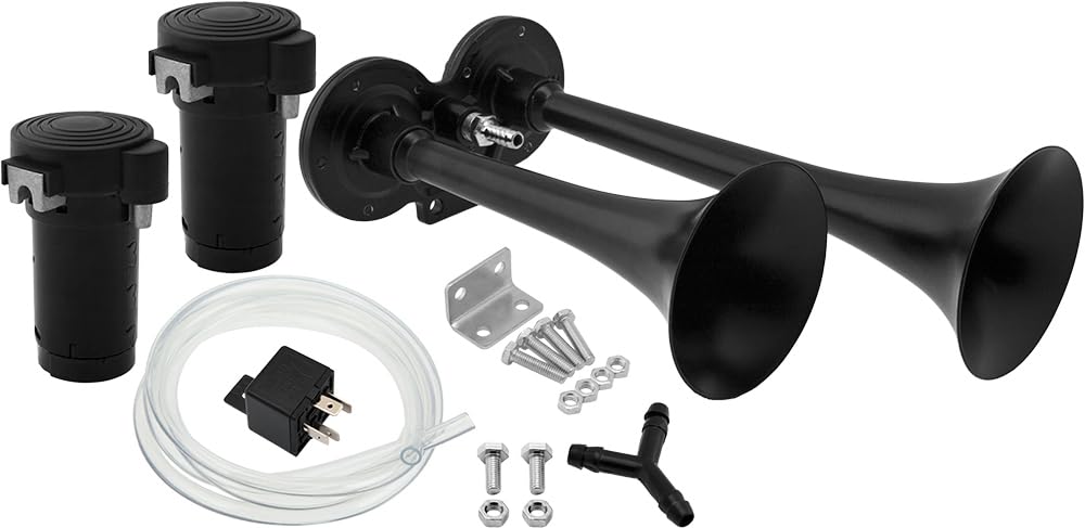Vixen Horns Train Horn Kit for Trucks/Car/Motorcycle. Complete System with Dual Air Compressor, 2 Trumpets. Super Loud dB. Fits Vehicles like Pickup/Semi/RV/SUV 12v Black VXH2311DB