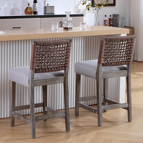 Woven-Rope-Back-Bar-Stools-Set-of-2-Armless-Counter-Height-Stools-Wooden-Farmhouse-Barstools-for-Kitchen-Island-Dining-Room-Bar-Pubs-Clubs-Cafe-Linen-Grey-Brown-Paper Woven Rope Back Bar Stools Set of 2 Armless Counter Height Stools Wooden Farmhouse Barstools for Kitchen Island Dining Room Bar Pubs Clubs Cafe Linen Grey Brown Paper
