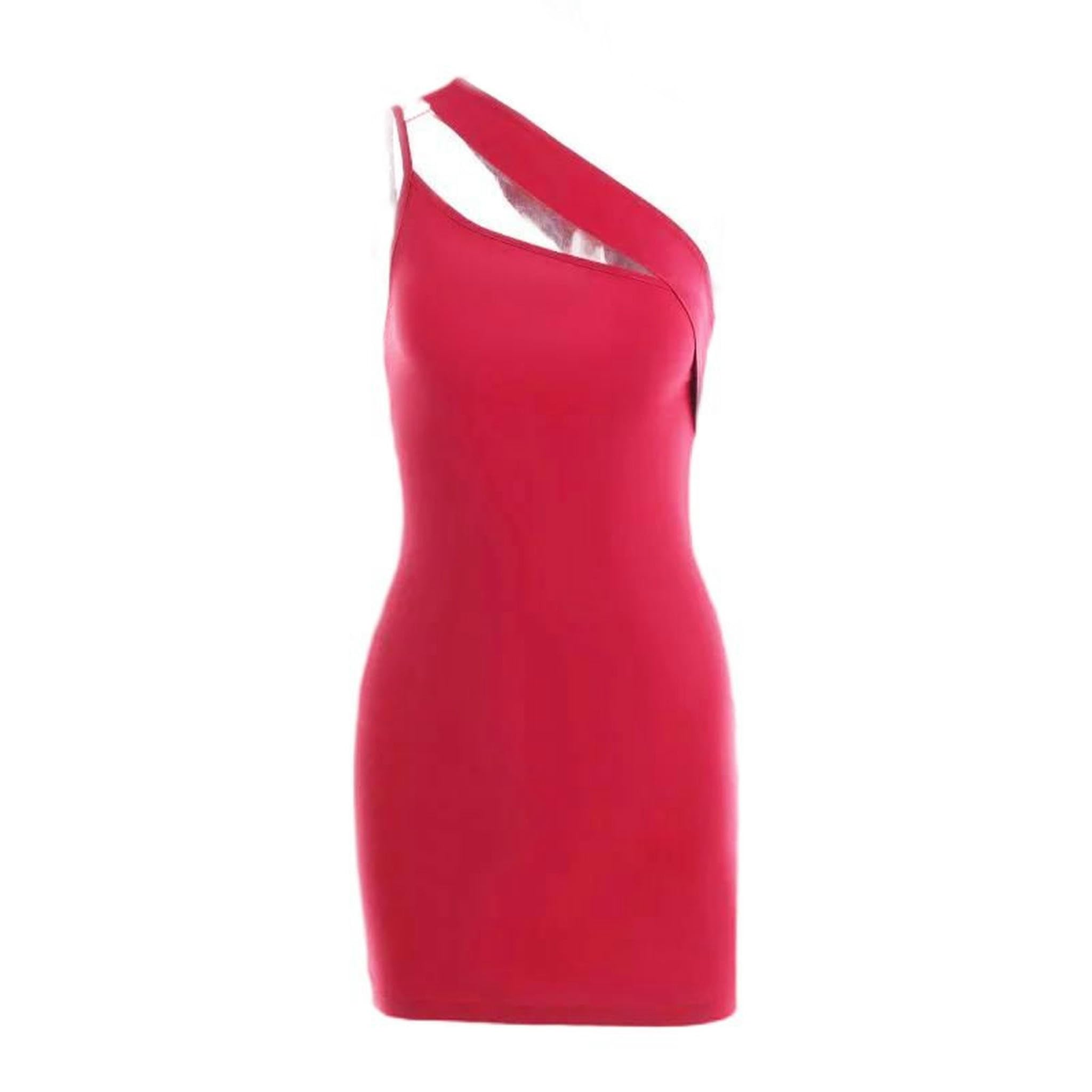 Vestido de Verano con Hombros oblicuos y Huecos, diseño con Sentido del Temperamento, Vestido de Cadera, Rosa Rojo, XL