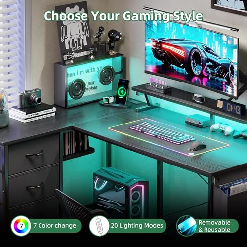 Image of VERMESS 47 inch Reversible L Shaped Gaming Computer Desk, Corner Desk with Power Outlets & Monitor Stand, Writing Study Table with 4 Storage Drawers, Desk with LED Lights, Black