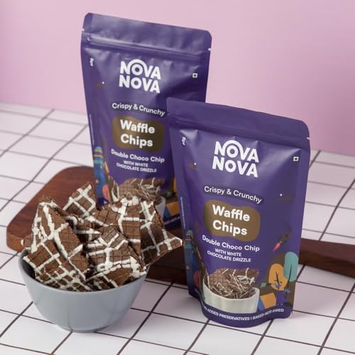 Image of Nova Nova Waffle Chips - Double Choco Chip with Chocolate Drizzle | 100% Eggless | Freshly Baked | Pack of 2 (130g)