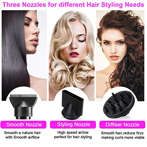 Ionic Hair Dryer, 1800W Professional Blow Dryer, Fast Drying Negative Ion Hairdryer Blowdryer, 3 Heat Setting/2 Speed/Powerful AC Motor Blow Dryer, 2 Nozzles&1 Diffuser for Women Man Kids Hair Care