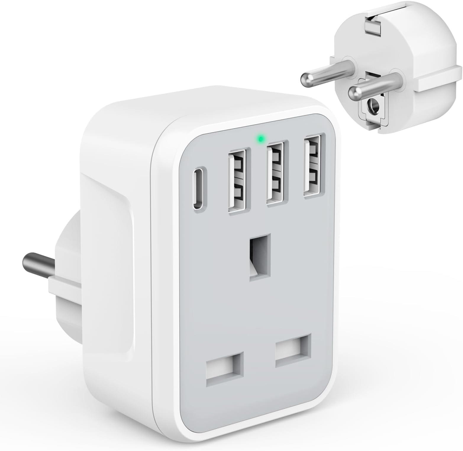 UK to European Travel Adaptor with 4 USB Ports(1 USB C), Grounded EU Euro Europe to UK Power Plug Adapter for Germany Spain France Iceland Greece Poland Netherlands Austria Turkey etc (Type E/F)