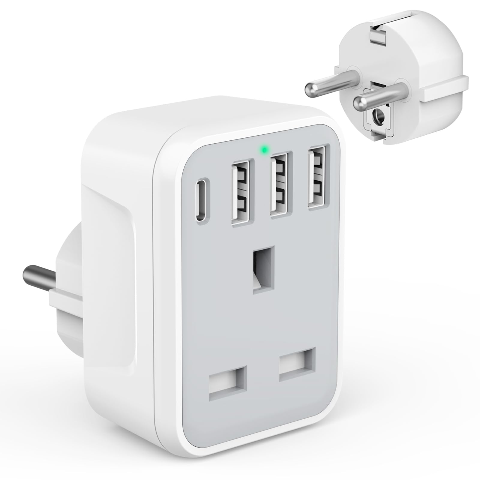 UK to European Travel Adaptor with 4 USB Ports(1 USB C), Grounded EU Euro Europe to UK Power Plug Adapter for Germany Spain France Iceland Greece Poland Netherlands Austria Turkey etc (Type E/F)