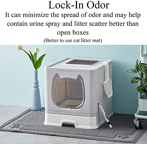 Suhaco Foldable Kitty Litter Box, Top Entry Cat Litter Box with Lid, Covered Kitten Litter Tray Including Cat Litter Scoop and 2-1 Cleaning Brush (Grey)