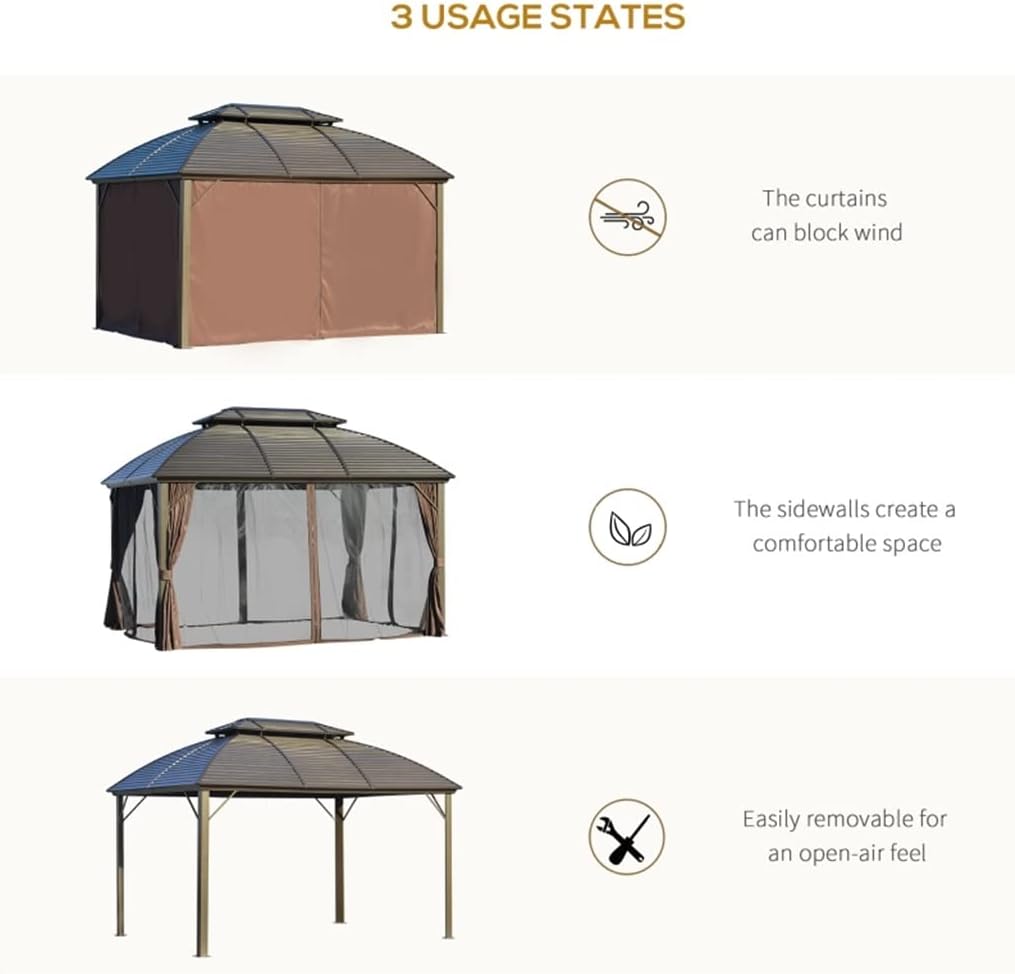 10x12 Hardtop Gazebo with Aluminum Frame, Metal Roof Gazebo Canopy with Curtains and Netting for Gardens, Patios
