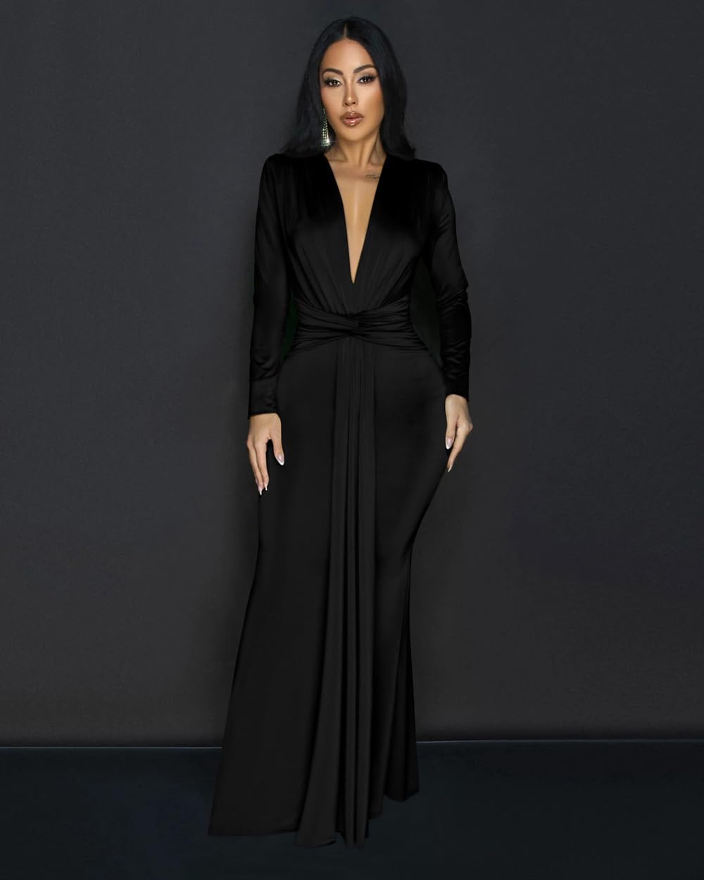 Memoriesea Women's Elegant Long Sleeve Deep V Neck Bodycon Party Evening Gown Maxi Dress - Image 4