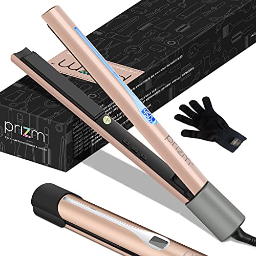 Prizm Professional 1" Hair Straightener and Curler 2 in 1, Ceramic Tourmaline Flat Curling Iron with Adjustable Temperatures for All Hair Types, Dual Voltage for Travel, Gold & Rock Grey