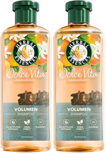 Herbal Essences Volumen Shampoo mit Orangenduft 350ml, Von feinem Haar zu gestärktem Haar voller Volumen von der Wurzel bis zur Spitze, Mit Inhaltsstoffen natürlichen Ursprungs, Vegan, ohne Silikone