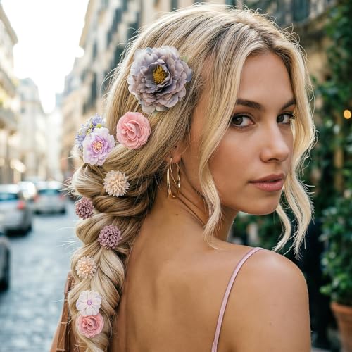 Set de 21 pinzas de flores boho para cabello en tonos morado y rosa miniatura 5