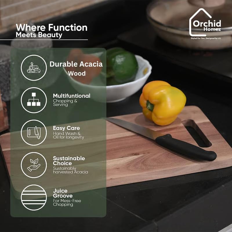 Image of Large Natural Acacia Wood Chopping Cutting Board for Kitchen Vegetables, Fruits & Cheese, BPA Free, Eco-Friendly, Anti-Microbial Durable and Easy to Clean (38 x 22cm)