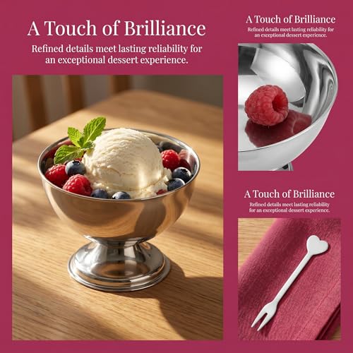 Image of Stainless Steel Ice Cream Bowls, 2 Pcs 4 inch Sliver Footed Dessert Cups with Forks Mini Parfait Cup for Sundae Snack Candy Fruit Pudding Yogurt Mousse Sherbet Trifle & Cocktail Party