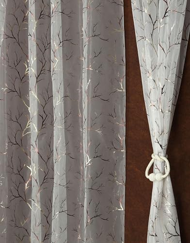 Image of littlelotus Tree Print Tissue Net Sheer Transparent Grommet Curtains for Door 7 feet Long Set of 2, White