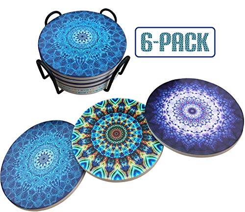 Absorbent Drink Coasters with Holder - Set of 6 Unique, Cool and Colorful