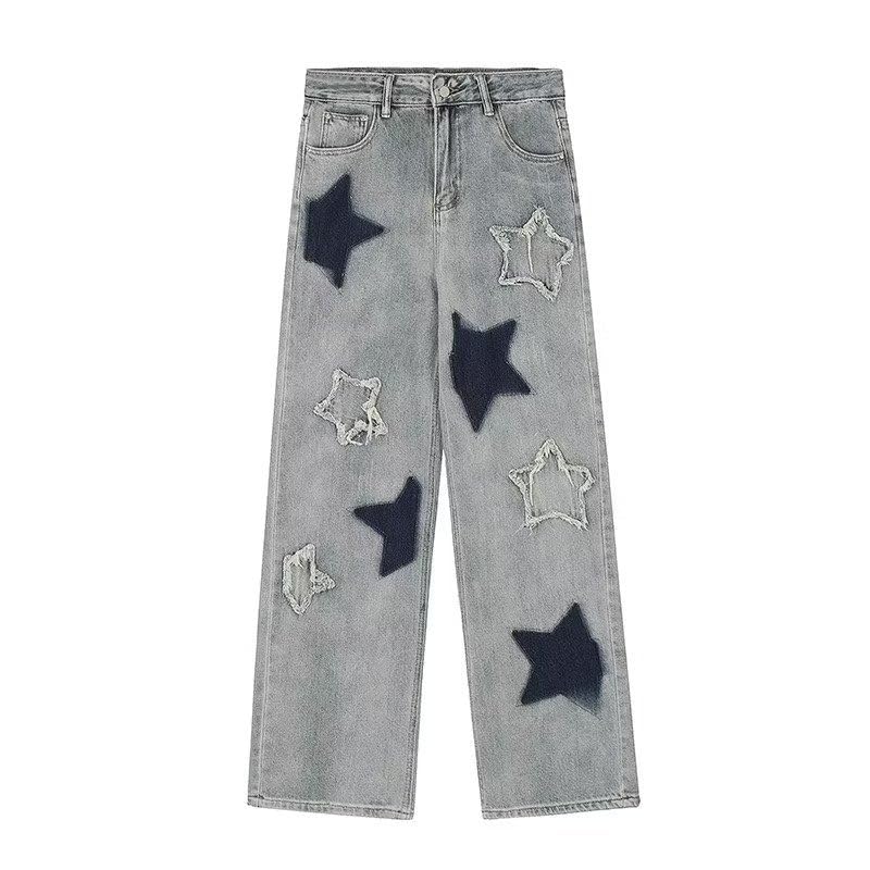 Women's Y2K Vintage Denim Pants Goth Cyber Punk Star Patchwork Jeans Fairy Grunge Harajuku High Waist Wide Leg Trousers